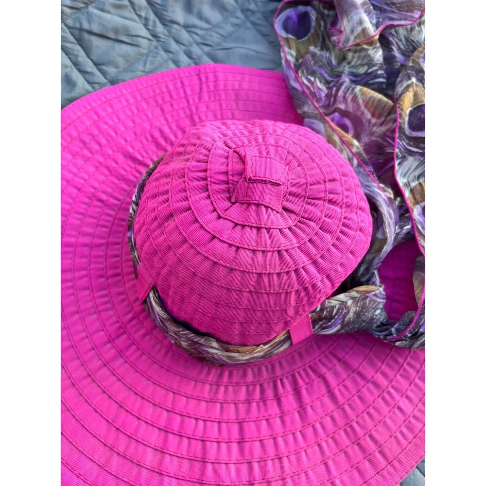 Wide Brim Grosgrain‎ Sun Hat Scala Fuchsia Pink Peacock Scarf